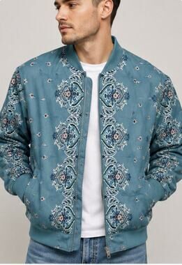 Consequence Paisley Bomber Jacket Men’s XL Blue Full Zip Fleece Lined Streetwear
